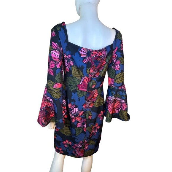 Trina Turk Miley Bell Sleeve Sheath Dress Womens Sz 8 Cocktail Party Floral EUC - Picture 2 of 6